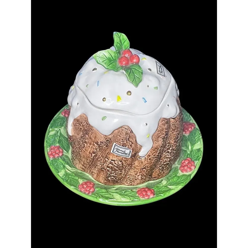 1993 Fitz & Floyd Hand Painted Plum Pudding Holly Leaves Christmas Cookie Jar